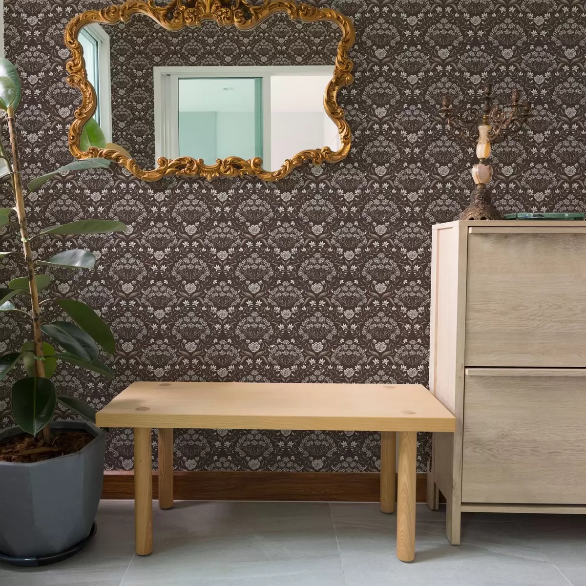 Papel de parede Damasco de chocolate preto com peônias e snowdrops a00603v2