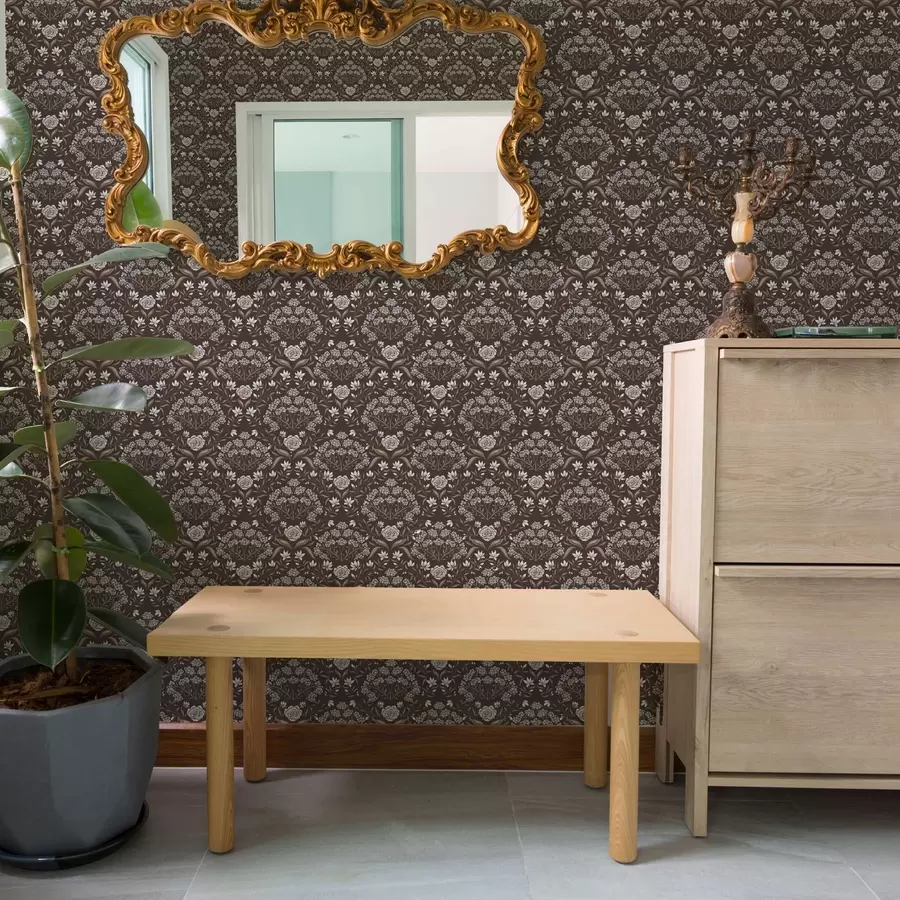 murais de parede Damasco de chocolate preto com peônias e snowdrops a00603v2