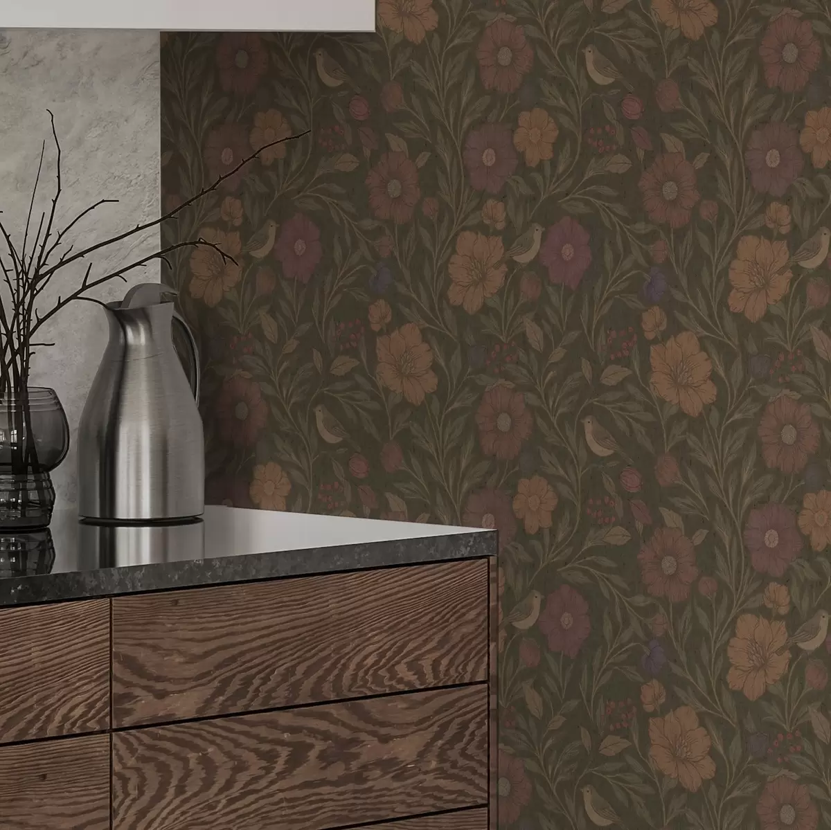 Papel de parede Flores e pássaros de outono sobre fundo castanho-oliva a00605