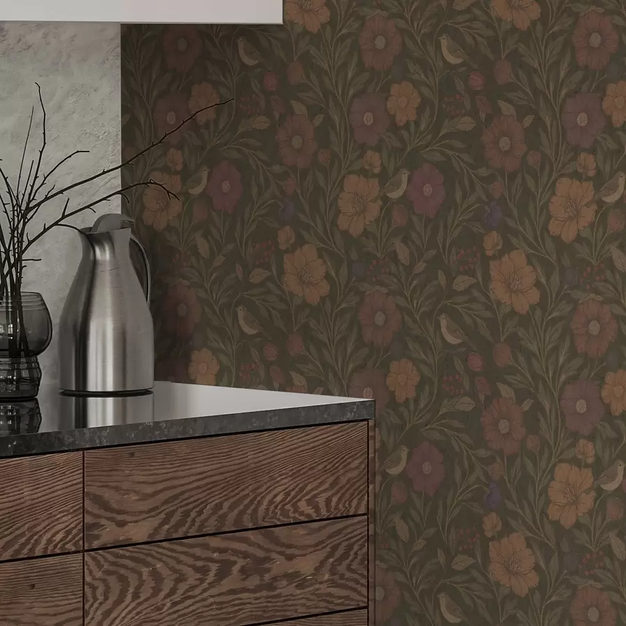 murais de parede Flores e pássaros de outono sobre fundo castanho-oliva a00605