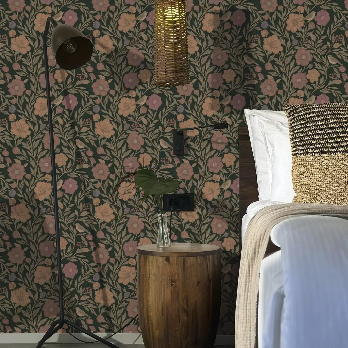 Papel de parede Flores e pássaros de outono sobre fundo esmeralda profundo a00605v1