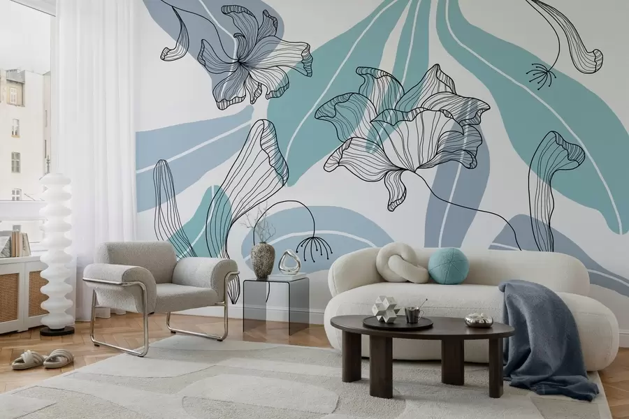 murais de parede folhas e flores abstratas em tons de azul w04499v2