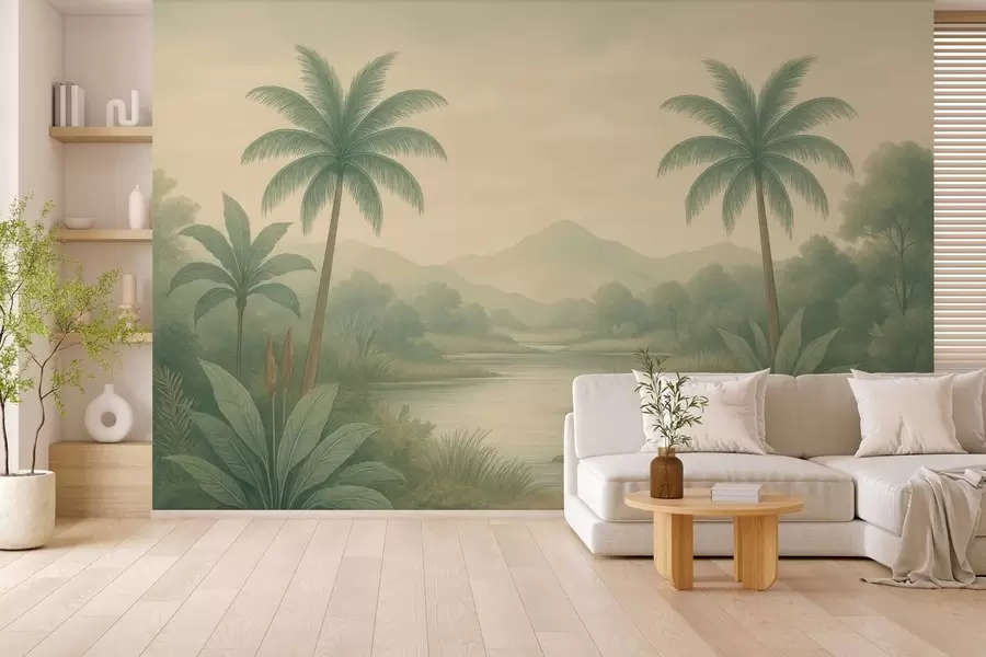 murais de parede paisagem tropical com palmeiras e um rio w04623