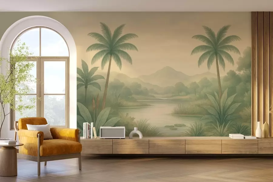 murais de parede paisagem tropical com palmeiras e um rio w04623
