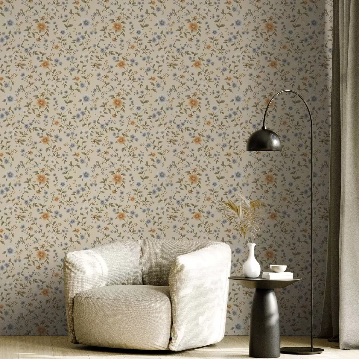 Papel de parede Ramos florais com flores azuis e cor de pêssego a00575