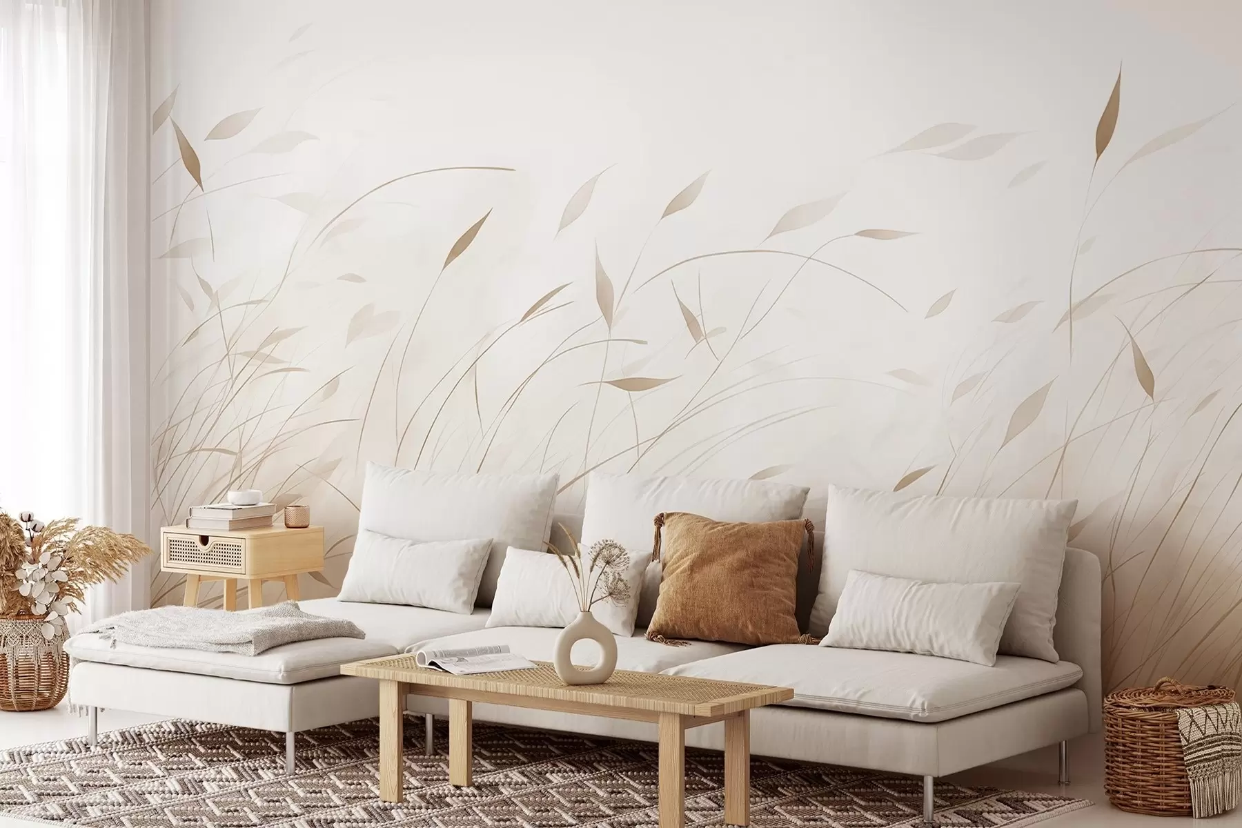 murais de parede Grama ao vento em estilo aquarela em tons de bege w09331v1