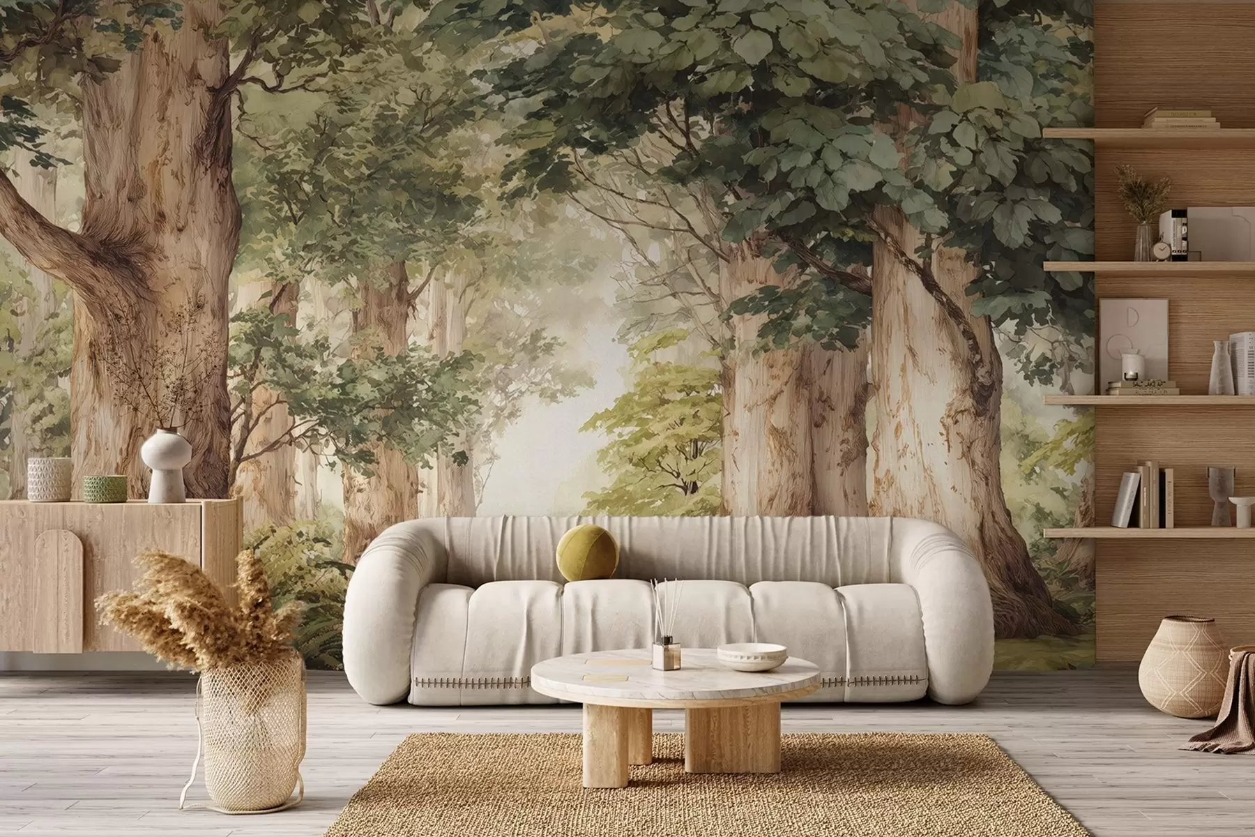 murais de parede Caminho florestal entre árvores majestosas em estilo aquarela w09404