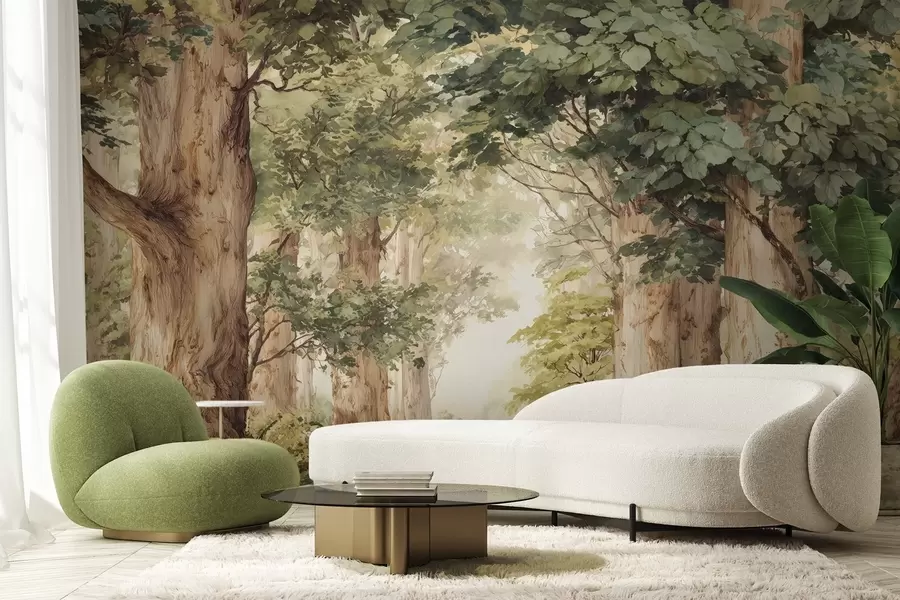 murais de parede Caminho florestal entre árvores majestosas em estilo aquarela w09404