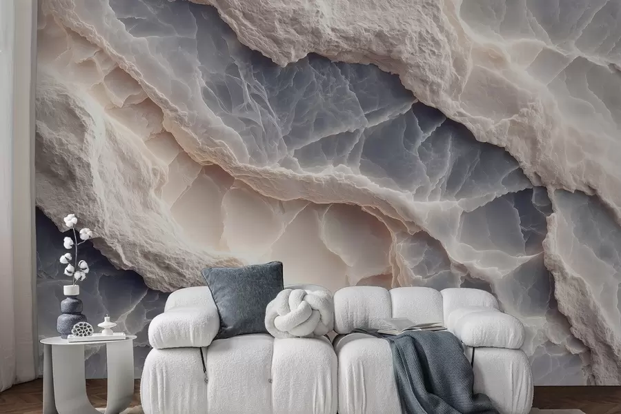 murais de parede Abstração elegante no estilo de camadas de mármore e minerais em cor azul-bege w09408