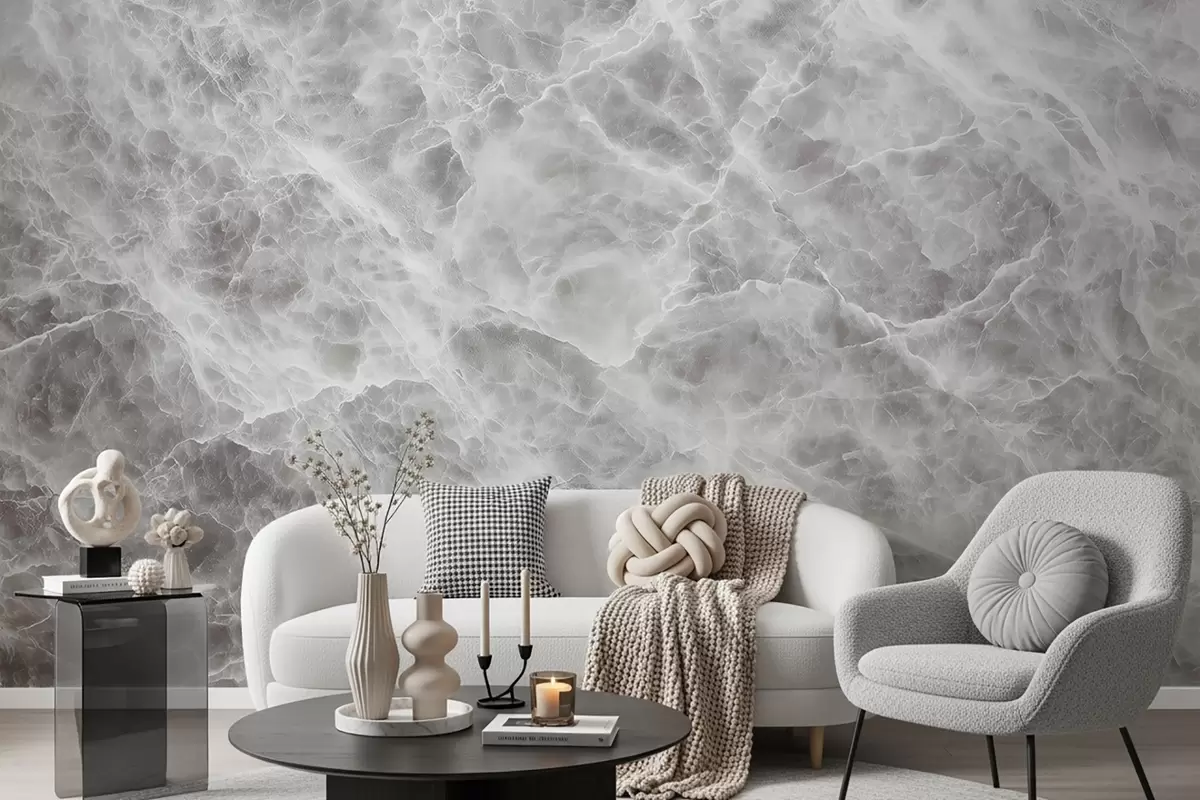 murais de parede Imitação luxuosa de superfície em mármore em tons frios de cinza-branco w09409