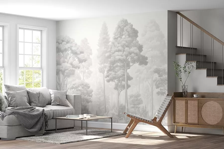 murais de parede Paisagem florestal artística na técnica de hachura gráfica a preto e branco w09411