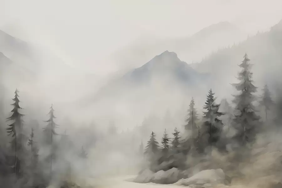 murais de parede Floresta no nevoeiro com as montanhas ao fundo w04493