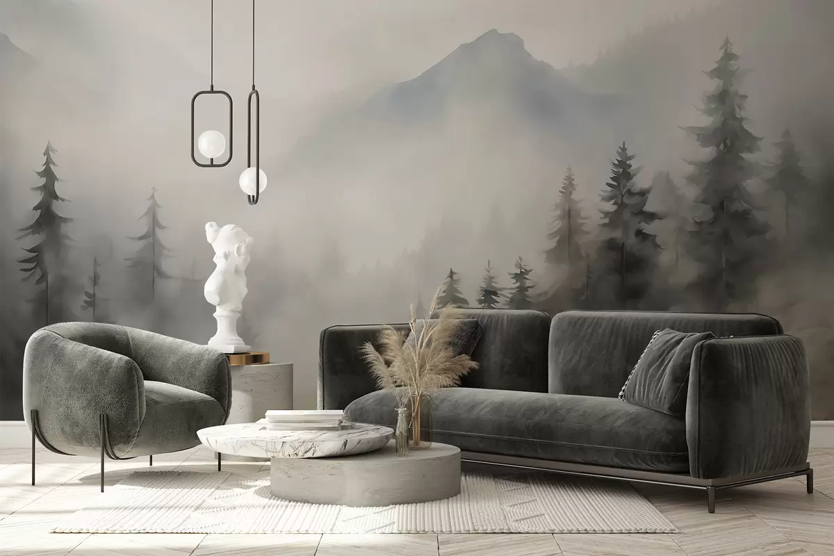 murais de parede Floresta no nevoeiro com as montanhas ao fundo w04493