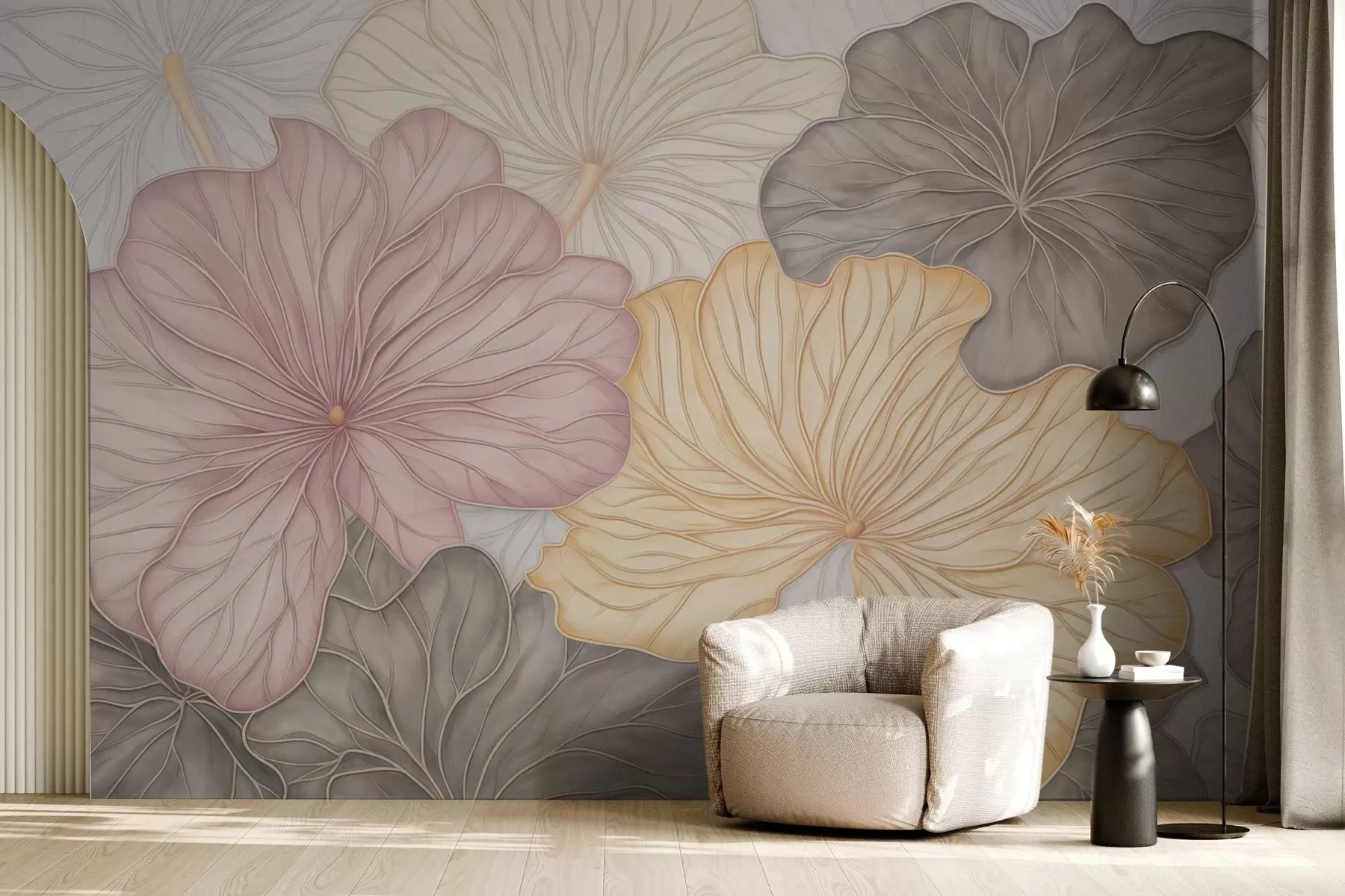 murais de parede Folhas grandes em tons pastel com veios finos w04612