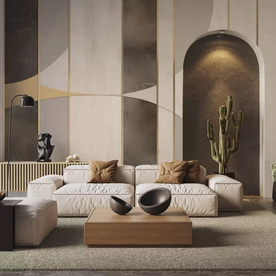 murais de parede Painéis geométricos com arcos e detalhes em champanhe w04616