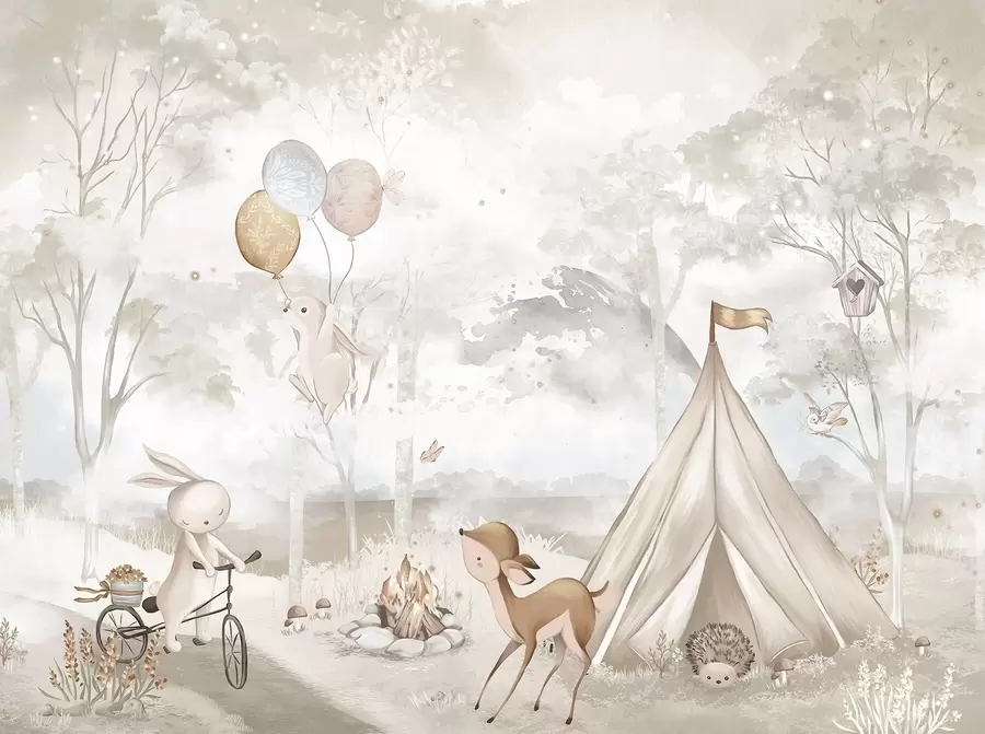 murais de parede Acampamento infantil em tons quentes de bege, tenda e animais da floresta w04671