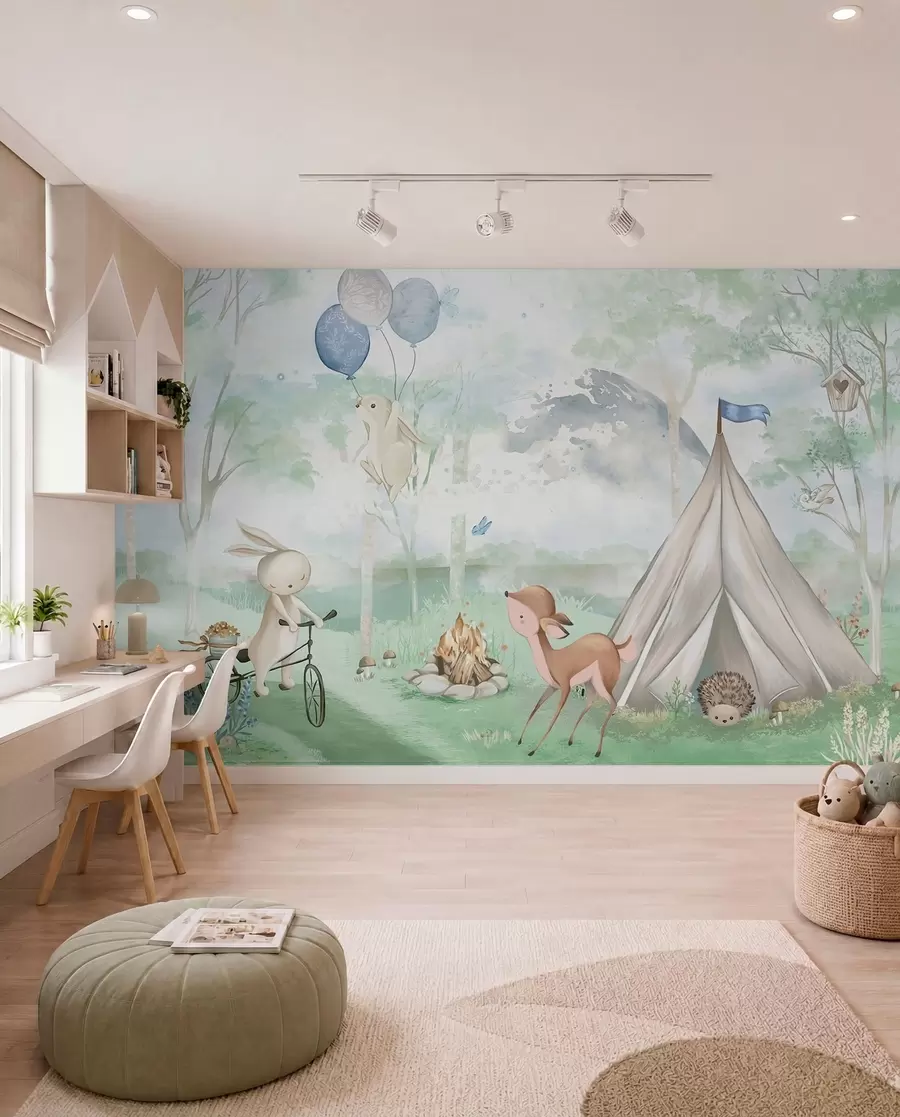 murais de parede Acampamento infantil na floresta: coelhos, veados, tendas e fogueira w04671v1