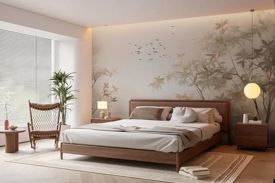 murais de parede Paisagem texturizada com árvores e um bando de pássaros voando no céu, cores pastel, cena da natureza  w09418