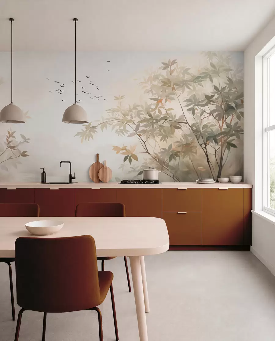 murais de parede Paisagem texturizada com árvores e um bando de pássaros voando no céu, cores pastel, cena da natureza  w09418
