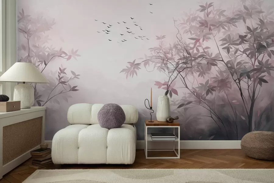 murais de parede Paisagem texturizada com árvores e um bando de pássaros voando no céu, cores pastel, cena da natureza w09418v1