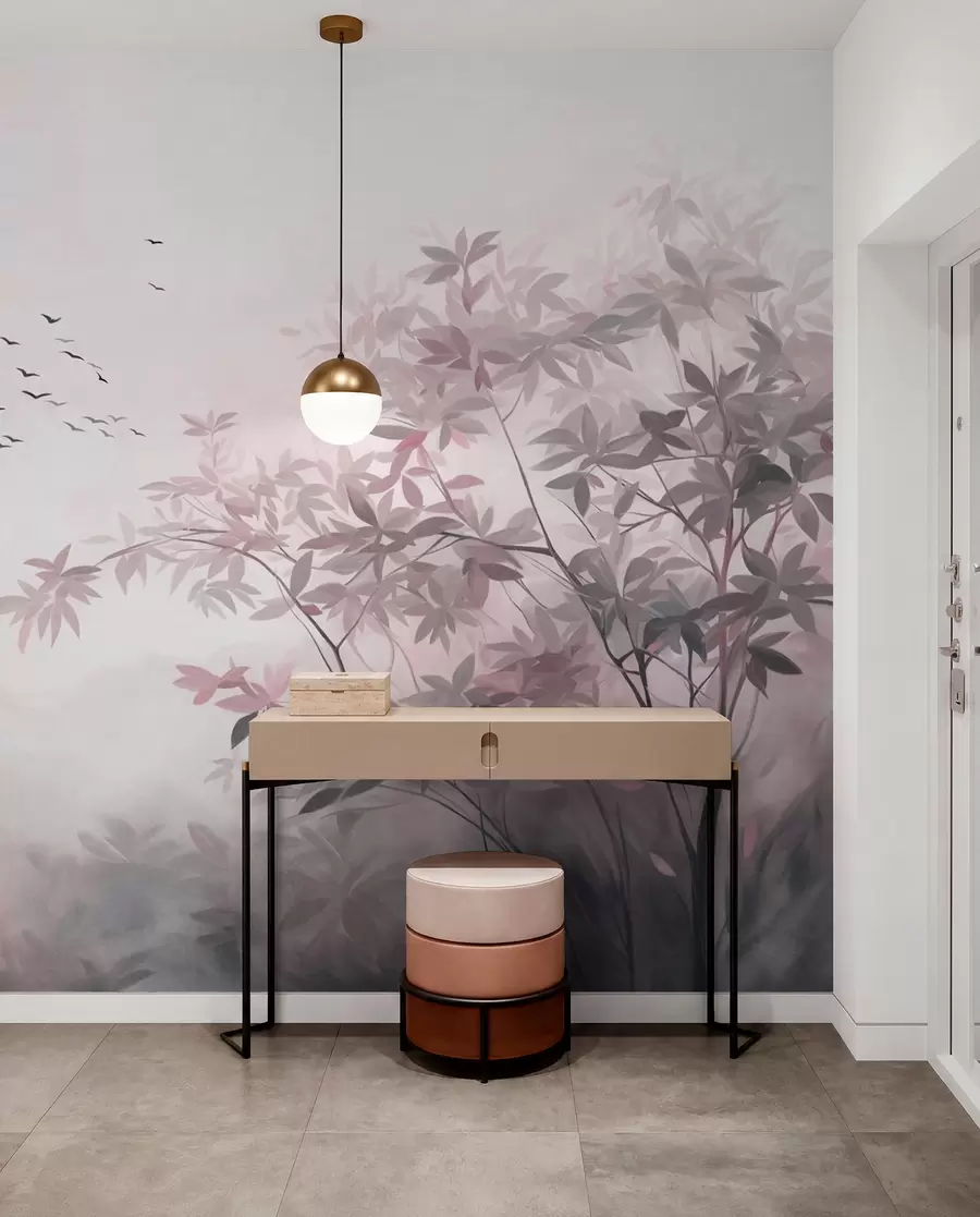 murais de parede Paisagem texturizada com árvores e um bando de pássaros voando no céu, cores pastel, cena da natureza w09418v1