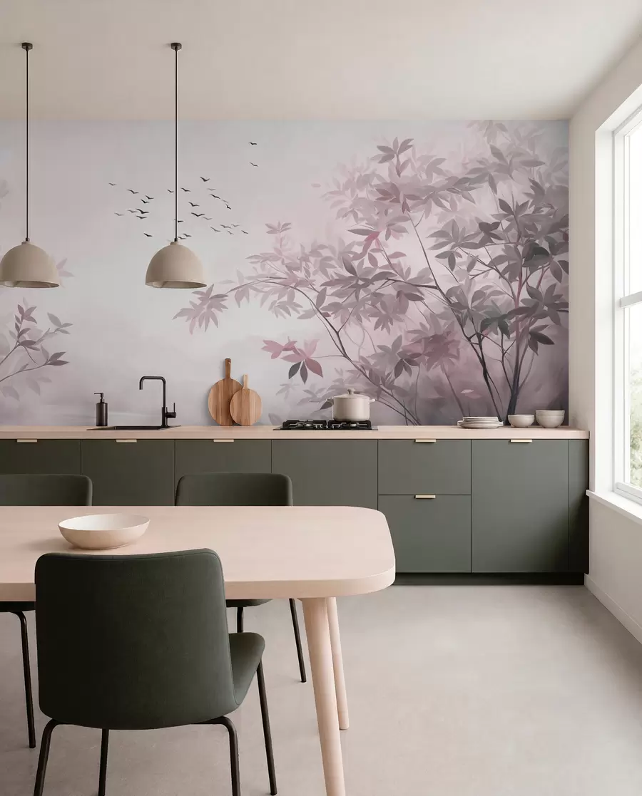 murais de parede Paisagem texturizada com árvores e um bando de pássaros voando no céu, cores pastel, cena da natureza w09418v1