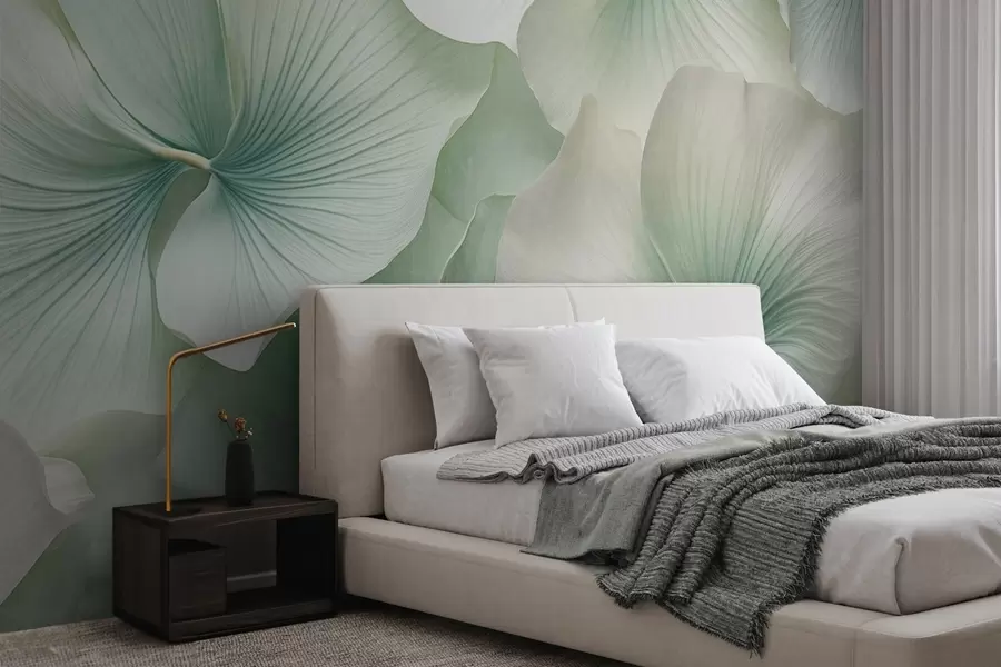 murais de parede Folhas de ginkgo brancas e verdes, textura suave, fundo floral abstrato, estilo minimalista moderno w09421