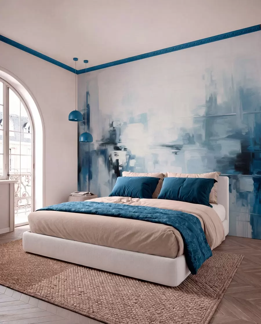 murais de parede Imitação de pintura paisagística abstrata texturizada com pinceladas azuis e brancas, estilo moderno w09422