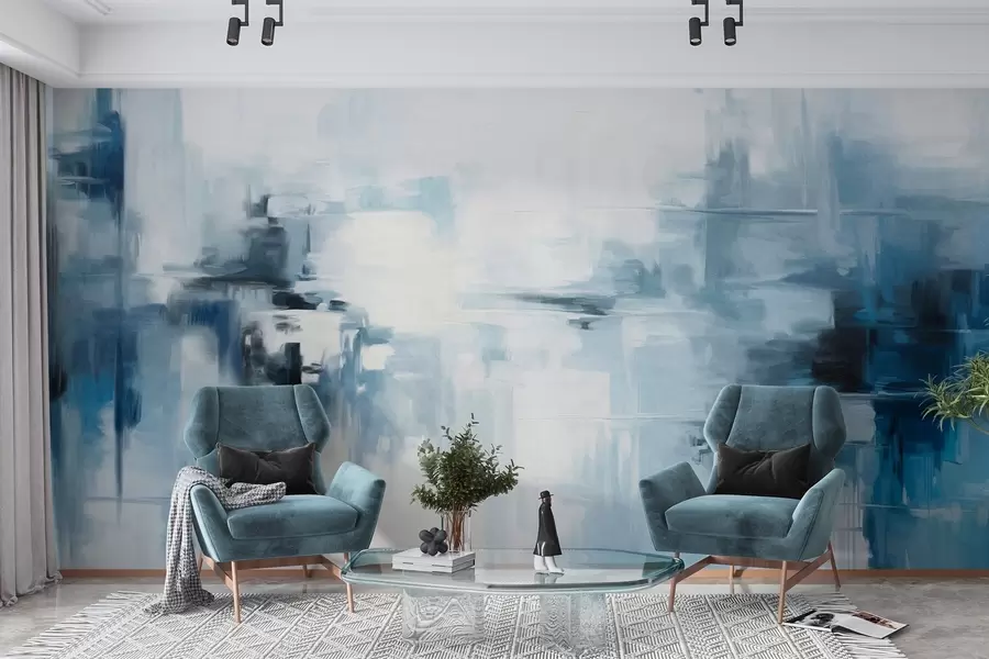 murais de parede Imitação de pintura paisagística abstrata texturizada com pinceladas azuis e brancas, estilo moderno w09422