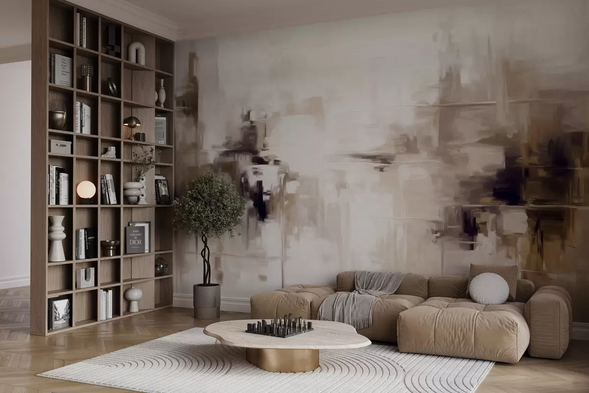 murais de parede Imitação de pintura paisagística abstrata texturizada com pinceladas castanhas e brancas, estilo moderno w09422v1