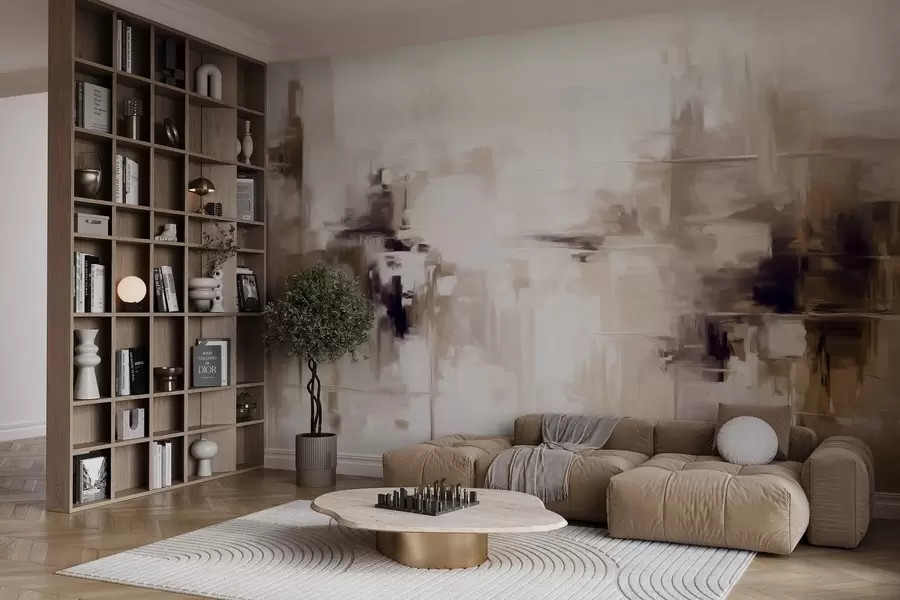 murais de parede Imitação de pintura paisagística abstrata texturizada com pinceladas castanhas e brancas, estilo moderno w09422v1