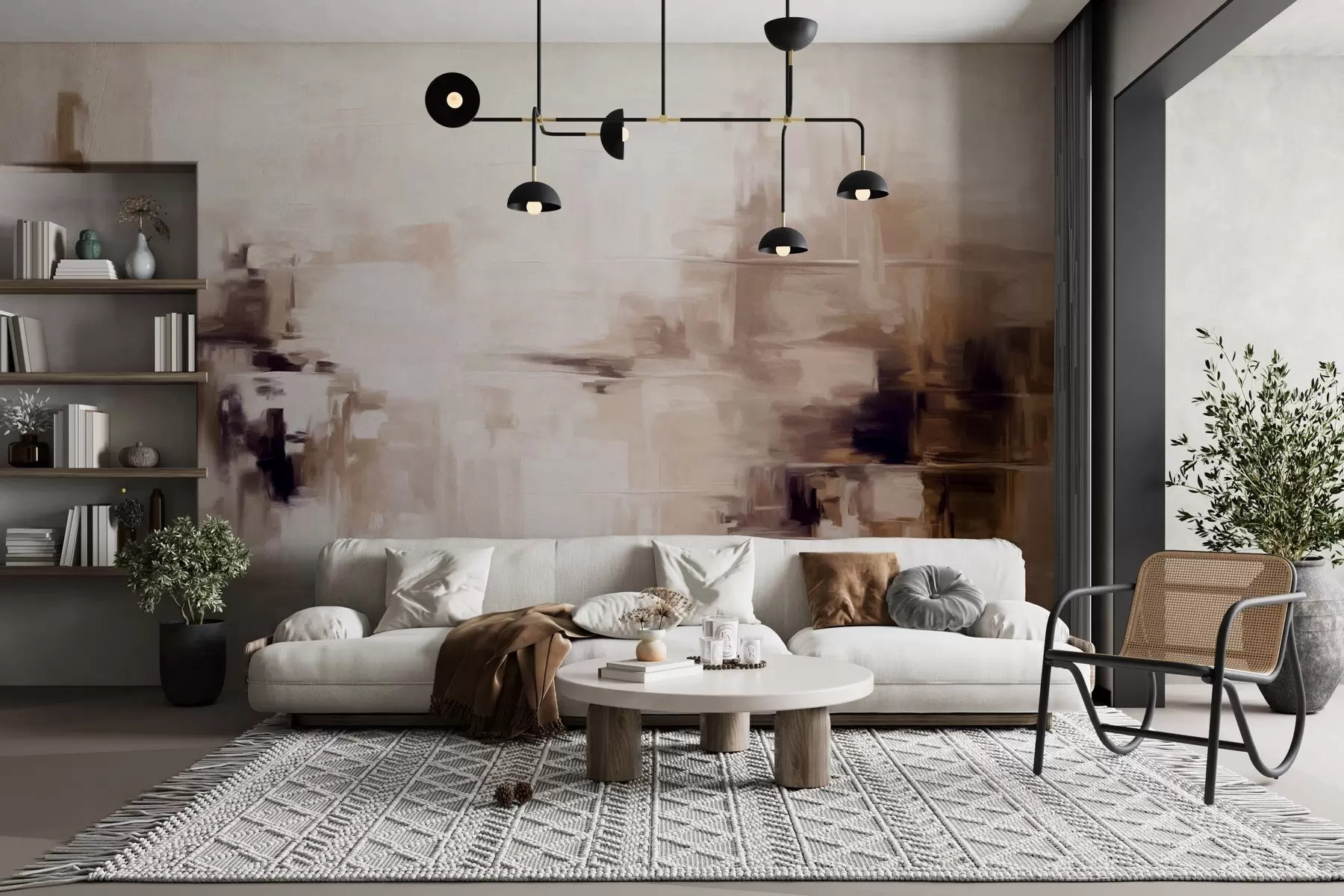 murais de parede Imitação de pintura paisagística abstrata texturizada com pinceladas castanhas e brancas, estilo moderno w09422v1