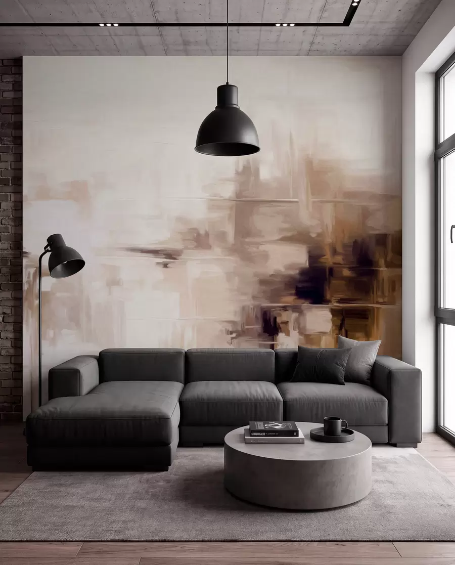 murais de parede Imitação de pintura paisagística abstrata texturizada com pinceladas castanhas e brancas, estilo moderno w09422v1