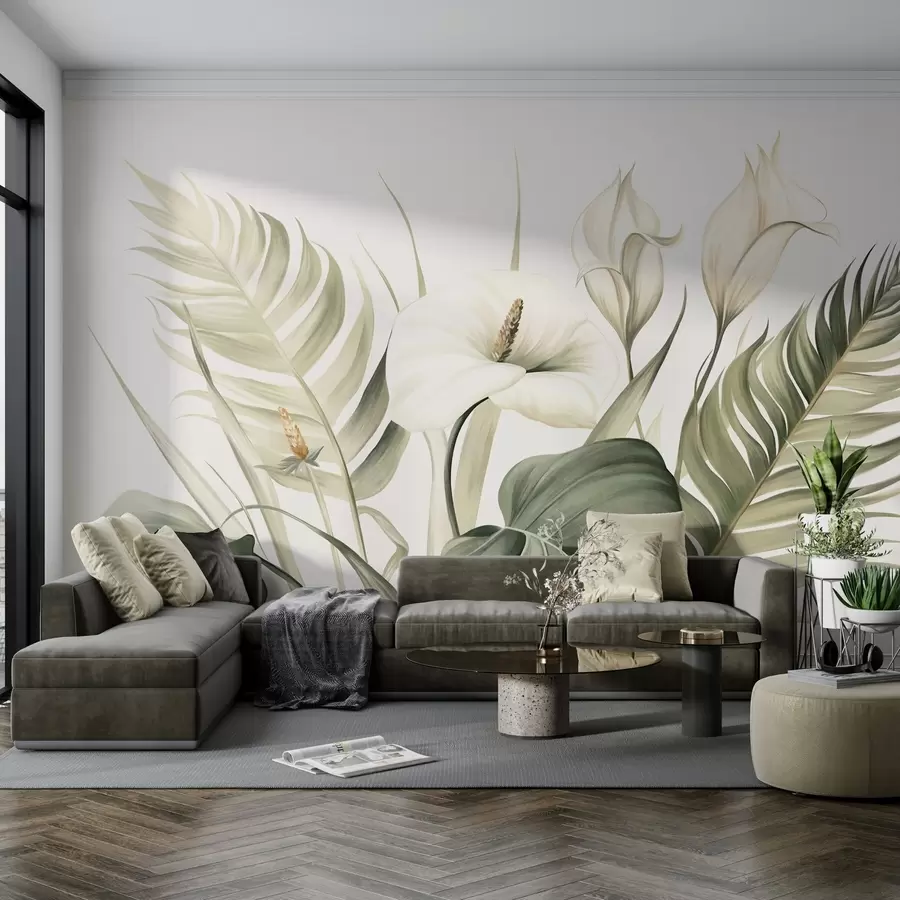 murais de parede Lírios brancos e folhas tropicais verdes, ilustração botânica, fundo claro, estilo vintage, texturizado w09423