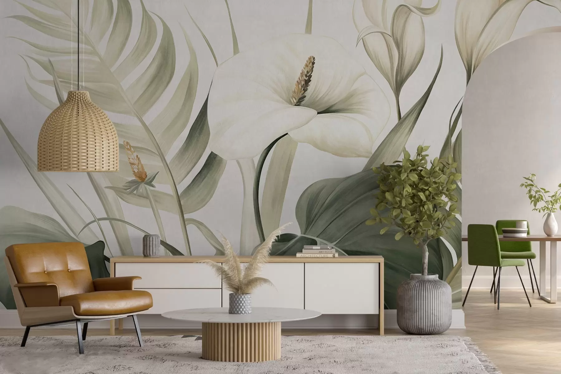 murais de parede Lírios brancos e folhas tropicais verdes, ilustração botânica, fundo claro, estilo vintage, texturizado w09423