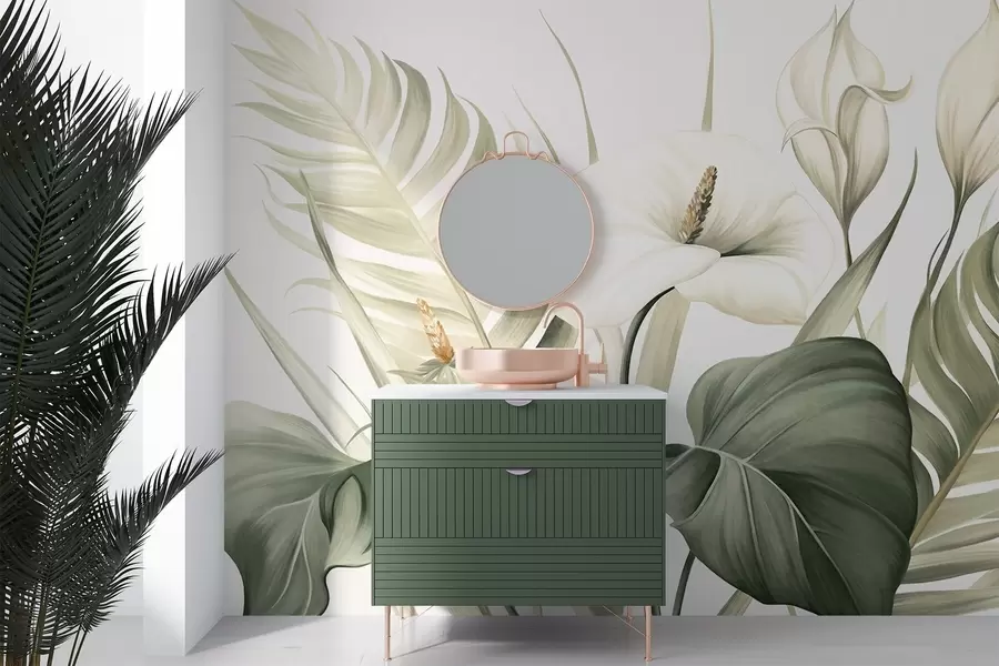 murais de parede Lírios brancos e folhas tropicais verdes, ilustração botânica, fundo claro, estilo vintage, texturizado w09423