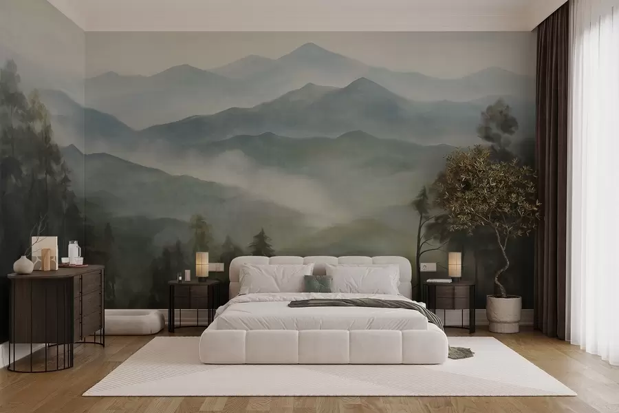 murais de parede Cordilheira enevoada com árvores, neblina, céu nublado, cores suaves, estilo de pintura paisagística w09424