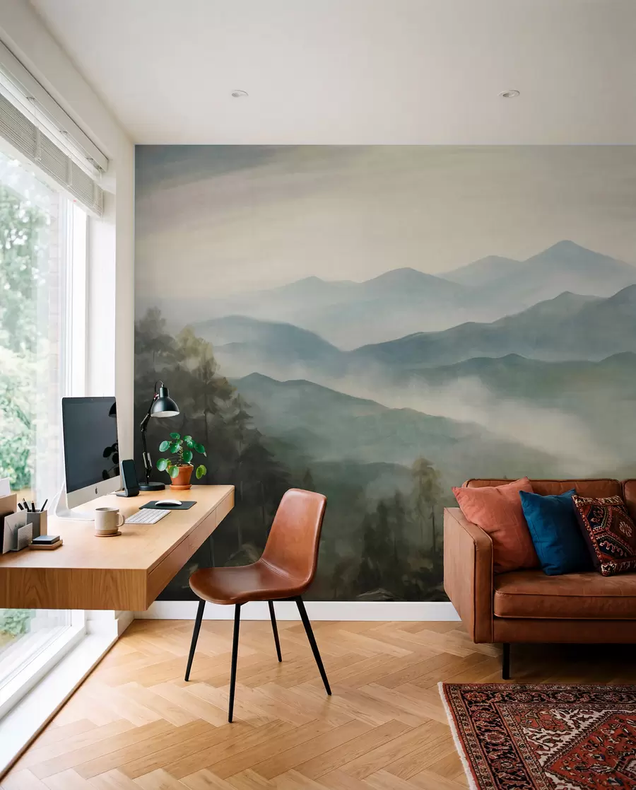 murais de parede Cordilheira enevoada com árvores, neblina, céu nublado, cores suaves, estilo de pintura paisagística w09424