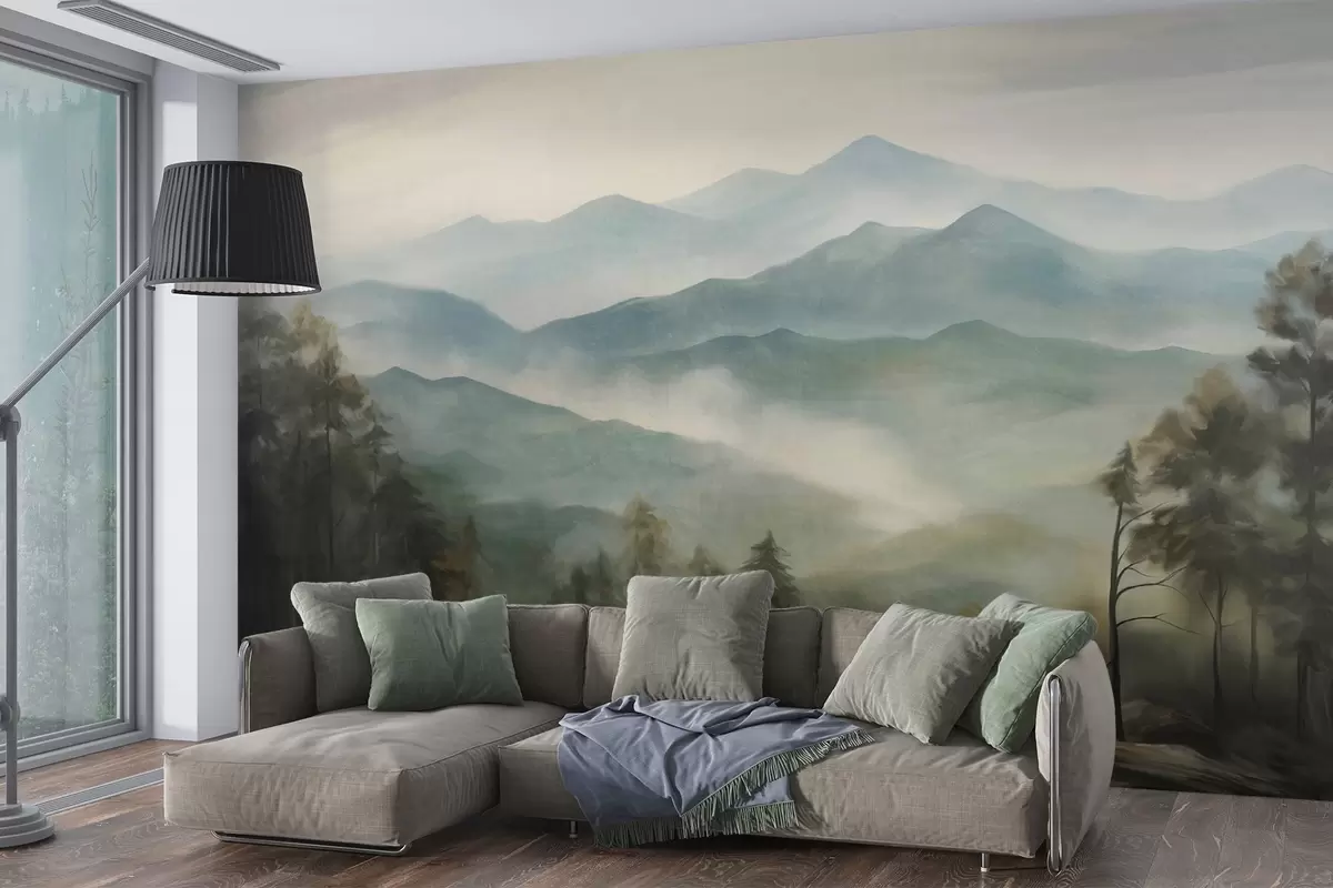 murais de parede Cordilheira enevoada com árvores, neblina, céu nublado, cores suaves, estilo de pintura paisagística w09424