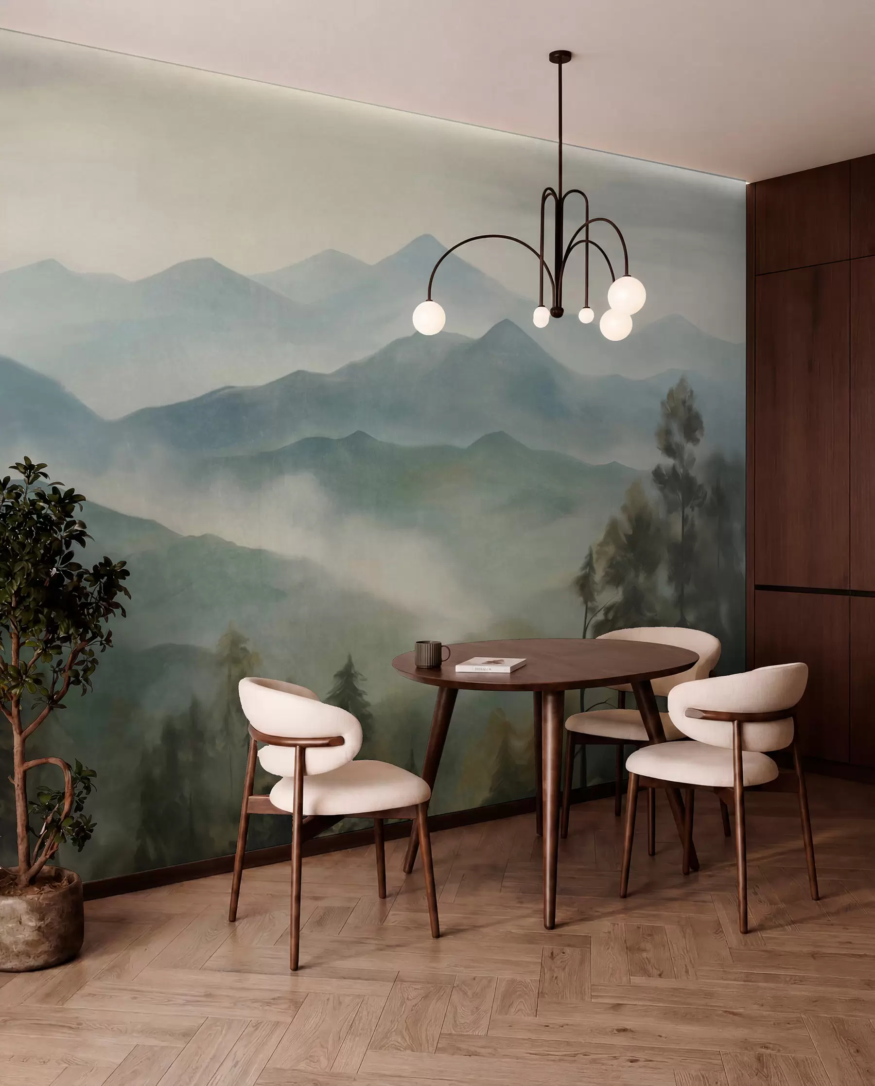 murais de parede Cordilheira enevoada com árvores, neblina, céu nublado, cores suaves, estilo de pintura paisagística w09424