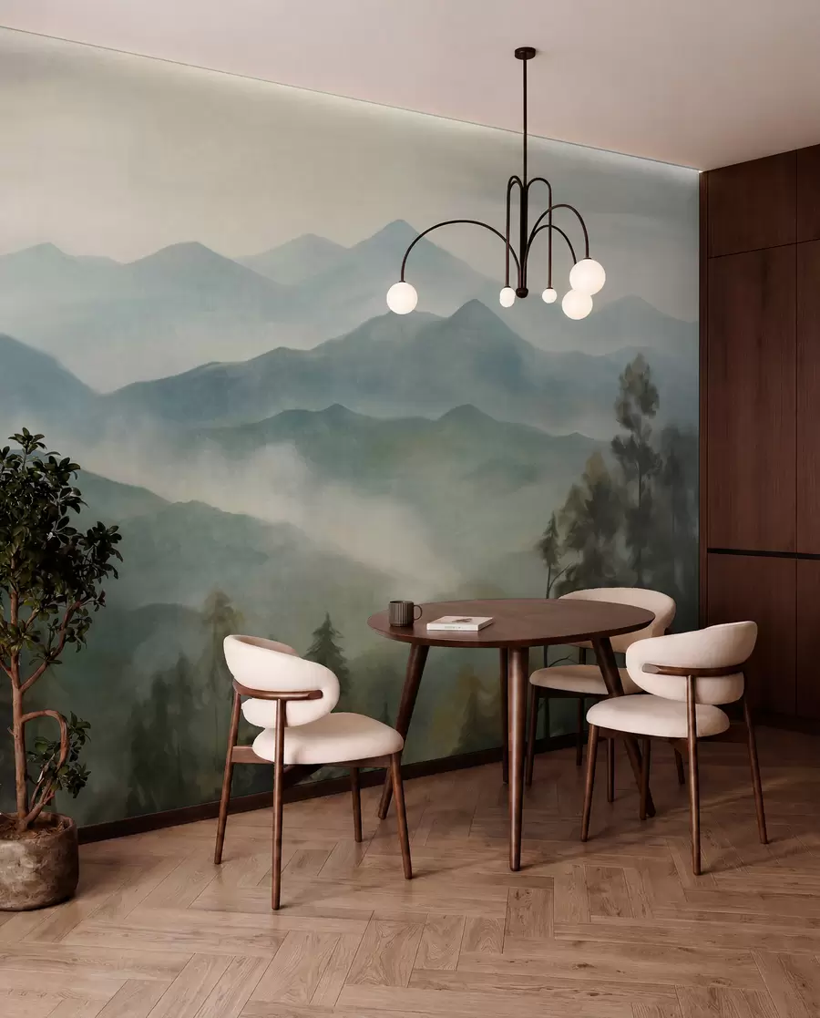 murais de parede Cordilheira enevoada com árvores, neblina, céu nublado, cores suaves, estilo de pintura paisagística w09424