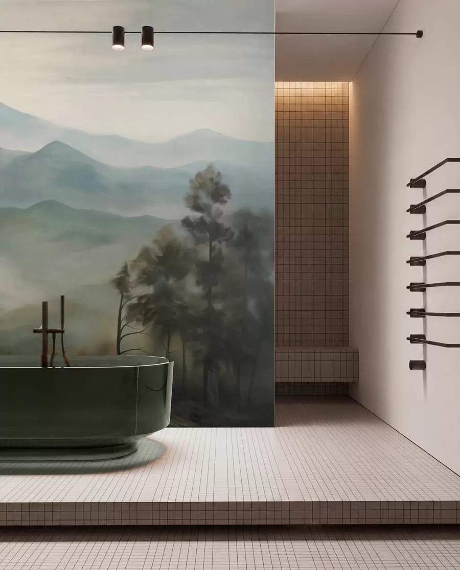 murais de parede Cordilheira enevoada com árvores, neblina, céu nublado, cores suaves, estilo de pintura paisagística w09424