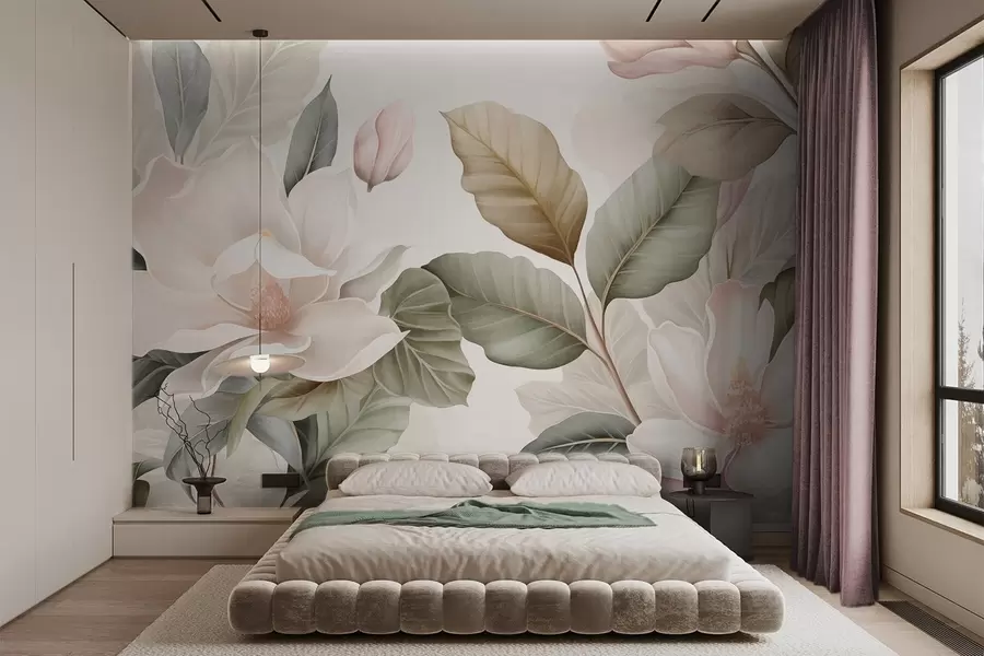 murais de parede Flores de magnólia com folhas em tons pastel, branco, rosa e verde, suaves, delicadas, estilo aquarela w09427