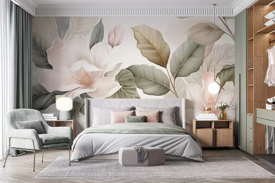murais de parede Flores de magnólia com folhas em tons pastel, branco, rosa e verde, suaves, delicadas, estilo aquarela w09427