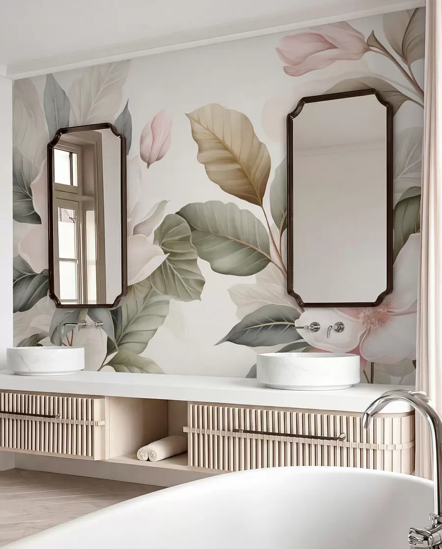 murais de parede Flores de magnólia com folhas em tons pastel, branco, rosa e verde, suaves, delicadas, estilo aquarela w09427