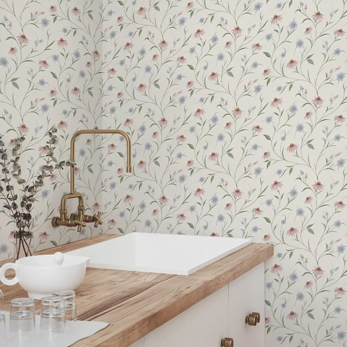 Papel de parede Margaridas do campo e equinácea sobre fundo creme, leveza a00614