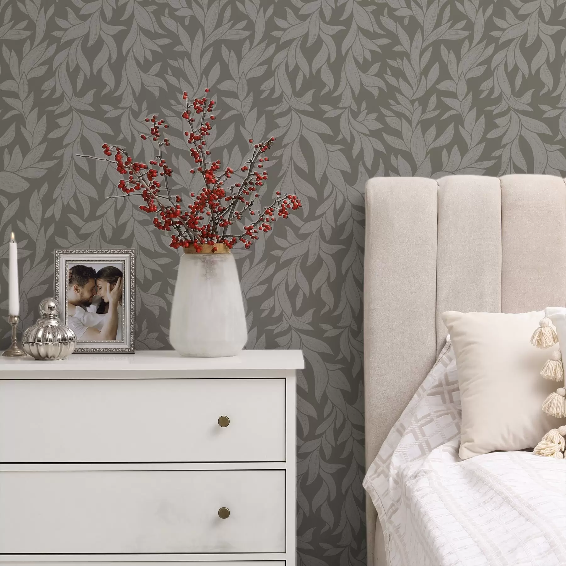 murais de parede Fundo verde-oliva com folhas lilás, textura linear a00616v1