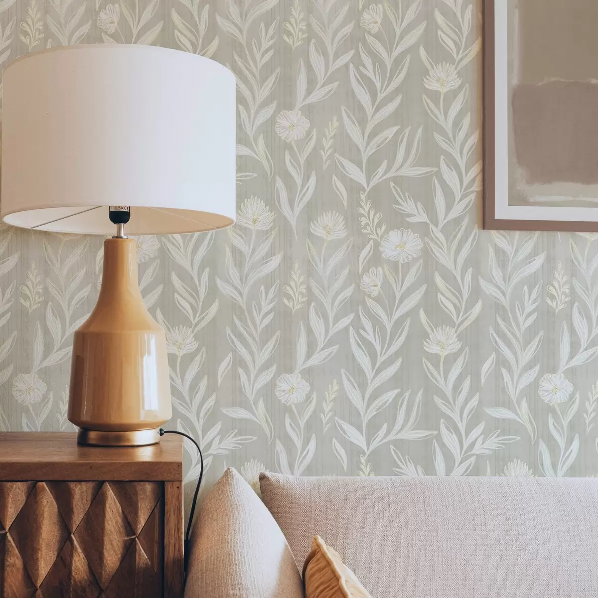 Papel de parede Ervas e flores claras sobre fundo bege, linhas esboçadas a00618