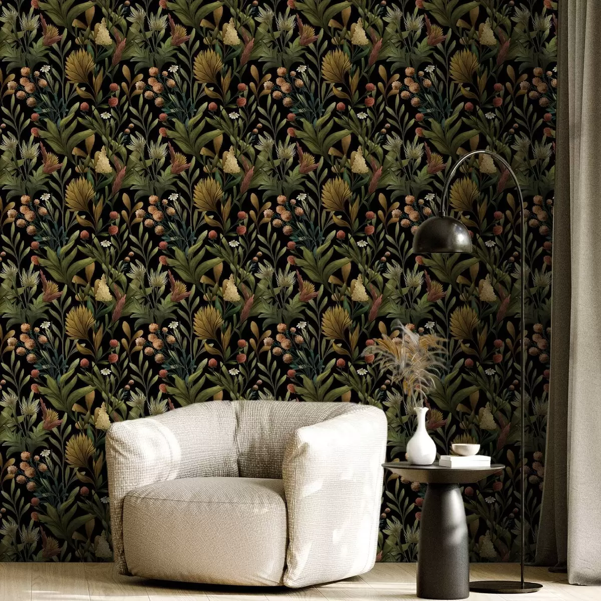 Papel de parede Jardim botânico sobre fundo preto, paleta de cores quentes do outono a00619