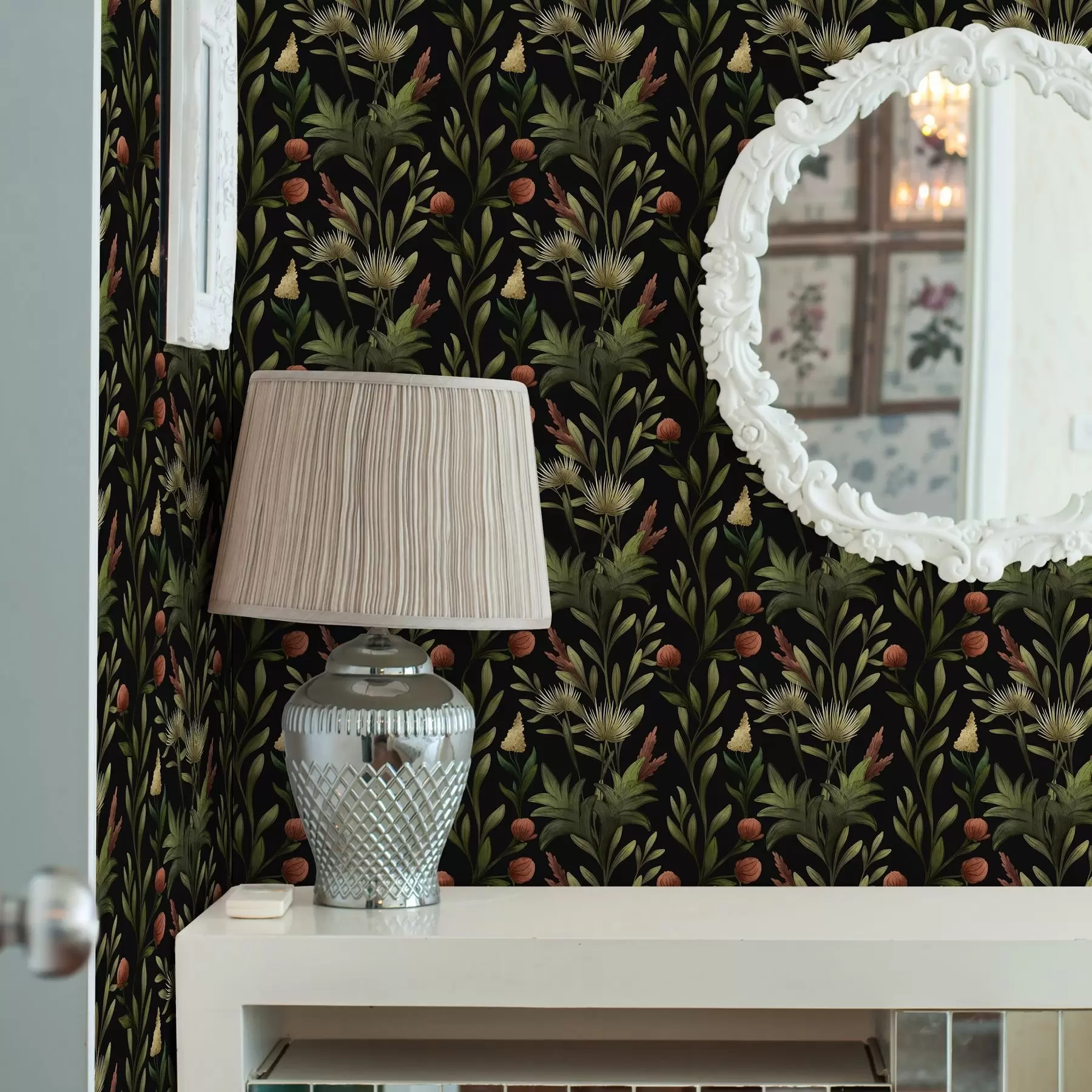 murais de parede Ervas altas e flores em preto, estampado detalhado a00620